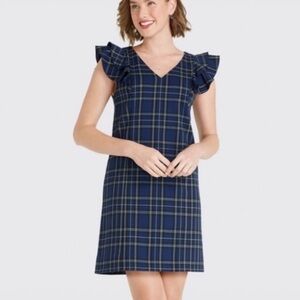 Draper James Navy Plaid V-Neck Ruffle-Sleeve Mini Dress